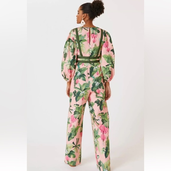 Farm Rio Anthropologie Deep-V Wide Leg Jumpsuit Tropical Floral Pink NWT Sz XS - Picture 4 of 16
